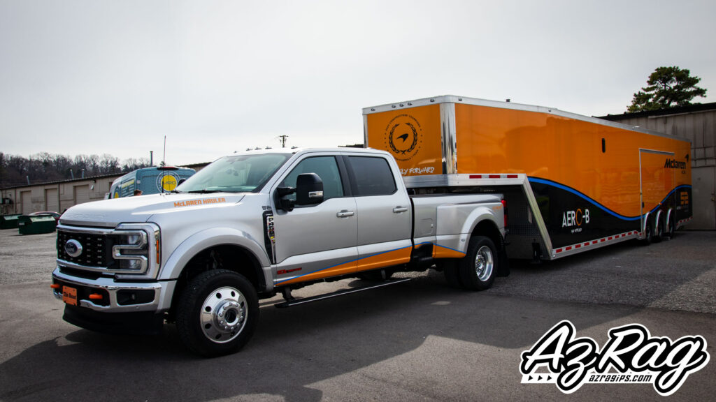 Factory Silver From Ruby Red: A Full Color Change Wrap on a Ford F-450 and McLaren Race Trailer