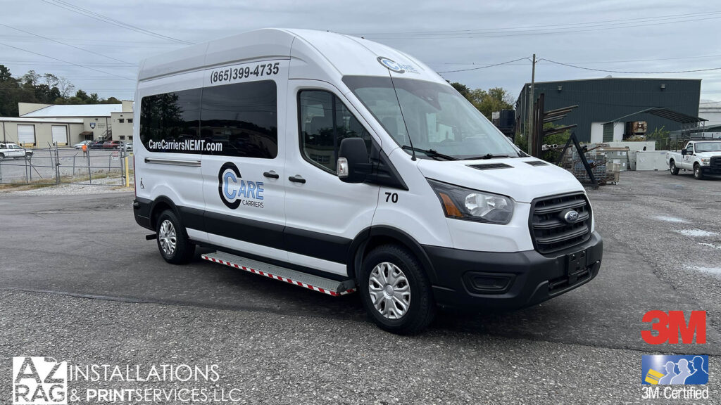 Commercial Spot Graphics for a Ford Transit in Knoxville: Care Carriers NEMT Fleet Branding