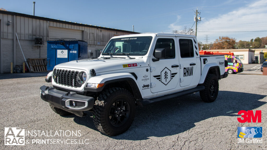Commercial Spot Graphics on a Jeep Gladiator in Knoxville: Rockwood Aviation Fleet Branding