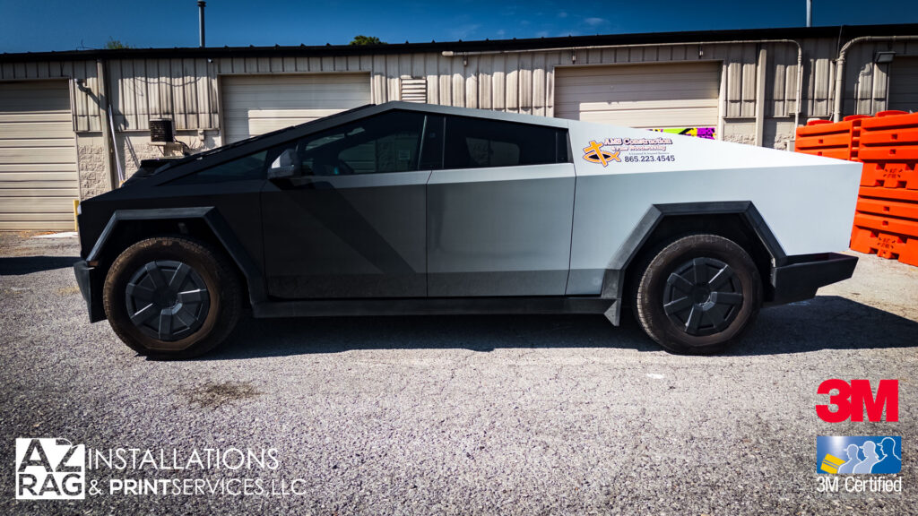 Custom Fade Wrap on a Tesla Cybertruck in Knoxville: Commercial Branding for AMS Construction