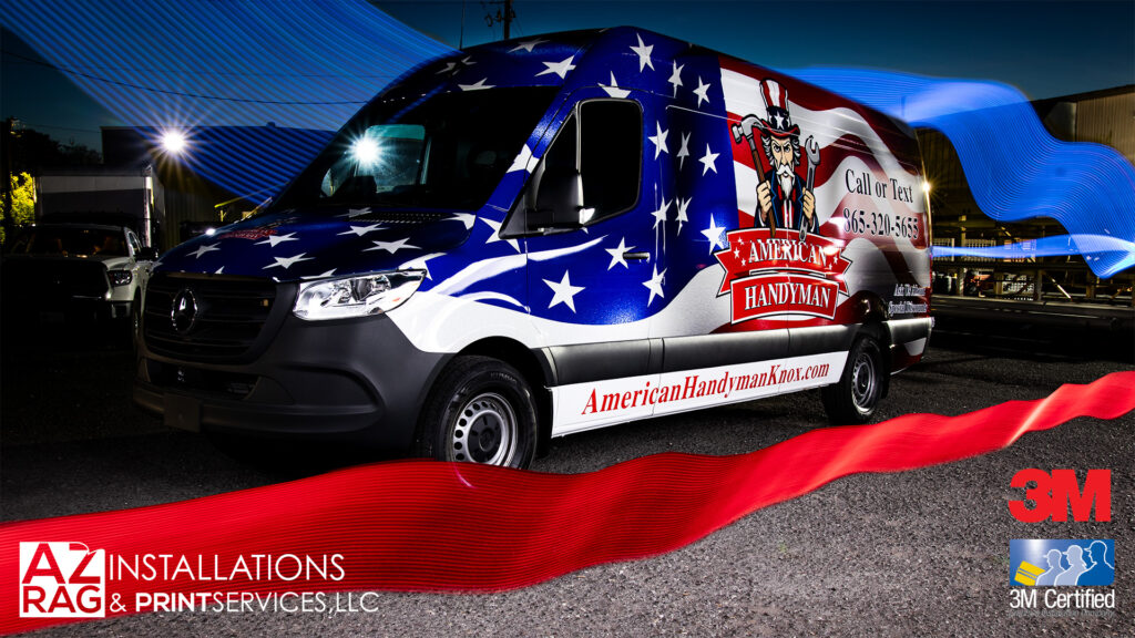 Commercial Van Wrap for American Handyman in Knoxville: Full-Coverage American Flag Design on a Mercedes Sprinter