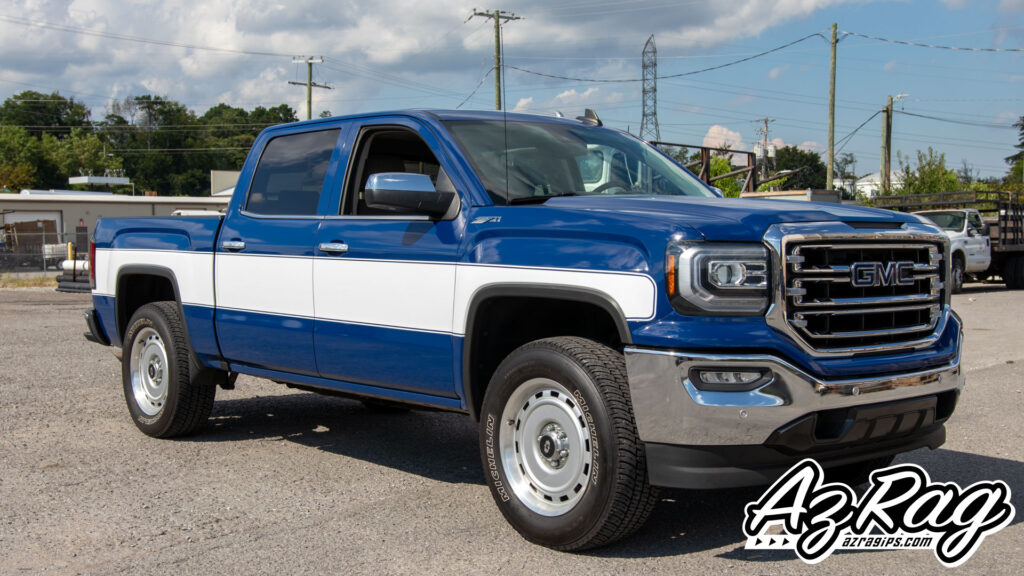 Custom Retro Stripe Kit on a Blue GMC Sierra in Knoxville: Two-Tone White Panel Sweep