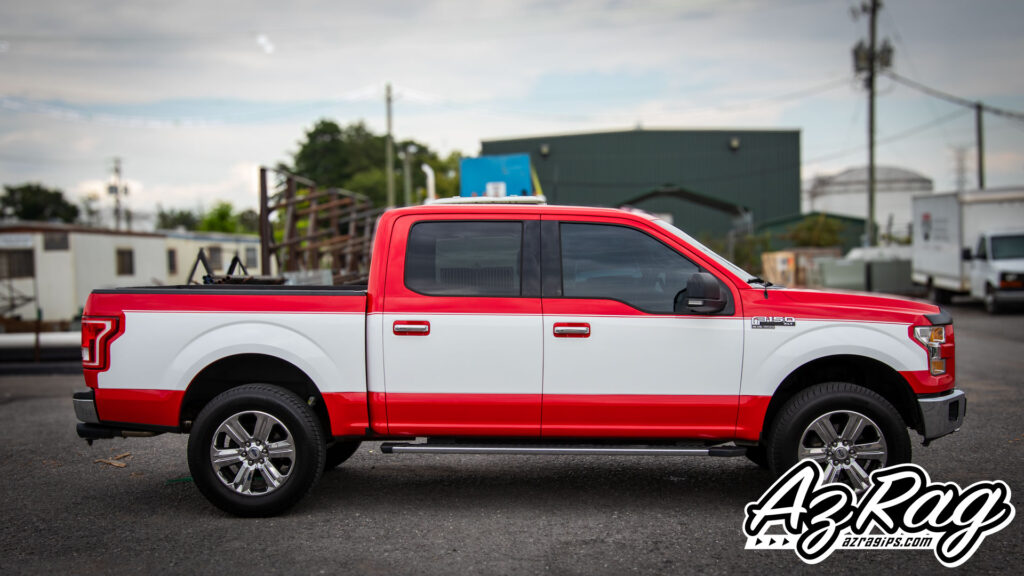 Custom Retro Stripe Kit on a Red Ford F-150 in Knoxville: 3M 2080 Gloss White