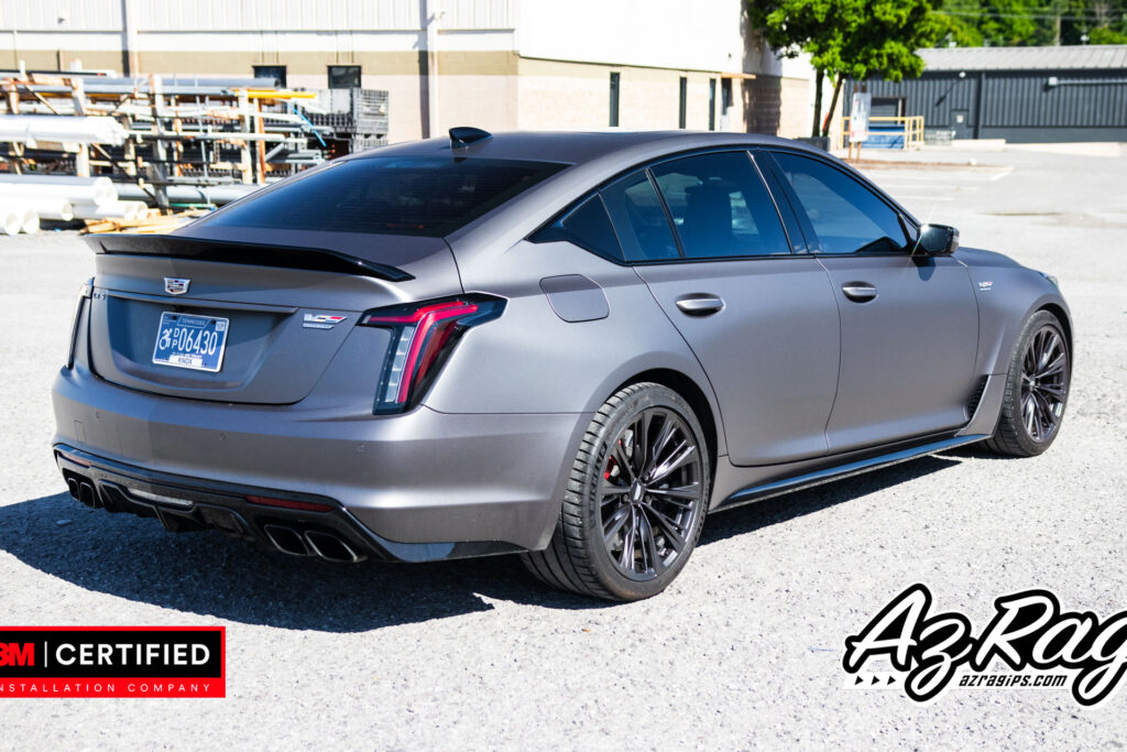 Cadillac CT5-V Blackwing matte dark grey color change wrap rear three-quarter Knoxville