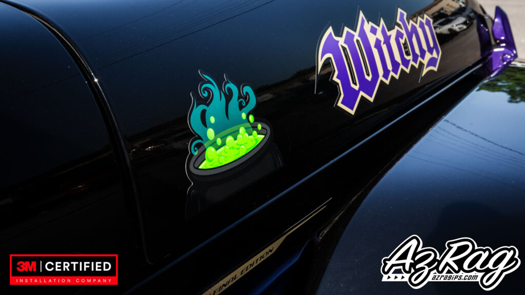 Witchy text and cauldron custom vinyl decal Jeep Wrangler Rubicon 392 door Knoxville TN
