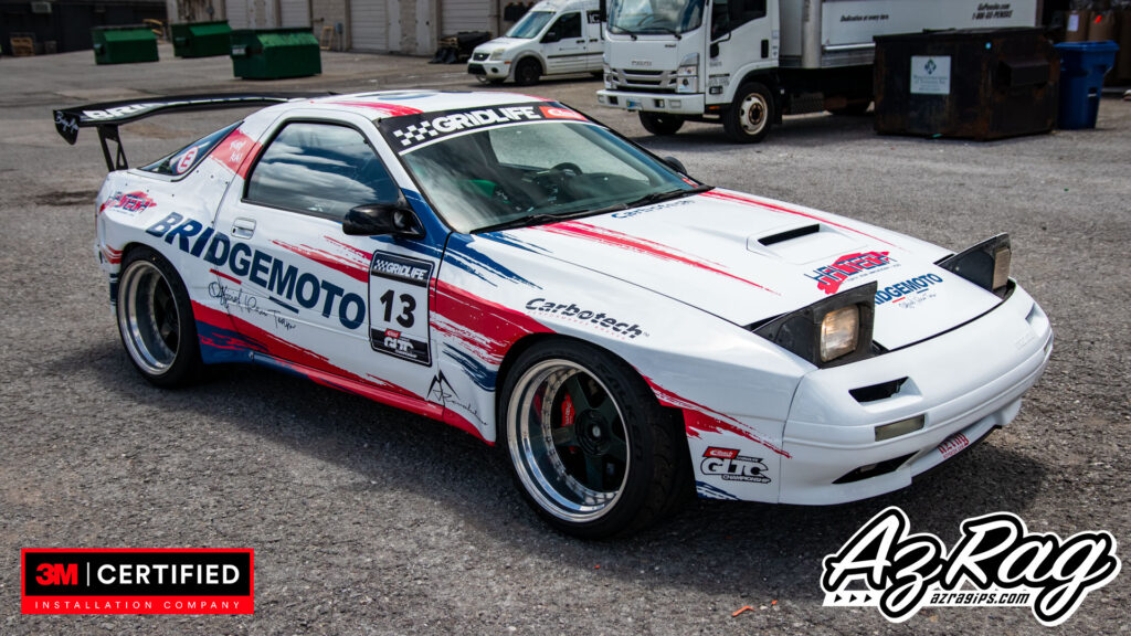 BridgeMoto Mazda RX7 race car side panel sponsor wrap Knoxville TN AZ Rag