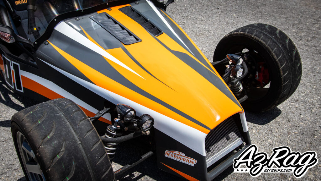 Goblin race car custom livery hood detail orange gray white graphics Knoxville TN