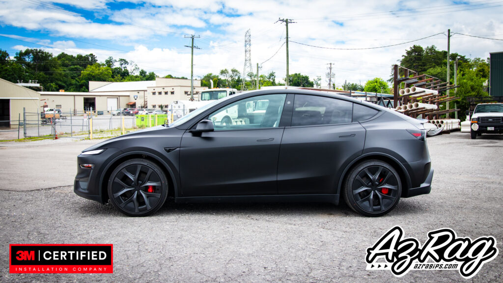 satin black Tesla Model Y Performance wrap with carbon accents Knoxville TN
