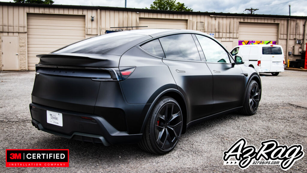 satin black Tesla Model Y Performance wrap with carbon accents Knoxville TN