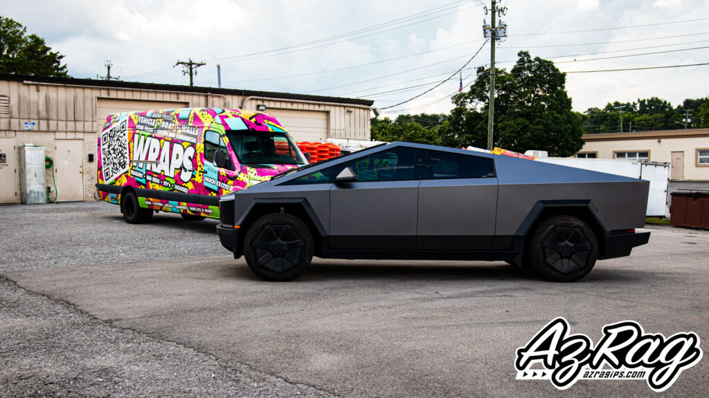Tesla Cybertruck 3M satin dark grey color change wrap satin black hood PPF Knoxville TN AZRagIPS