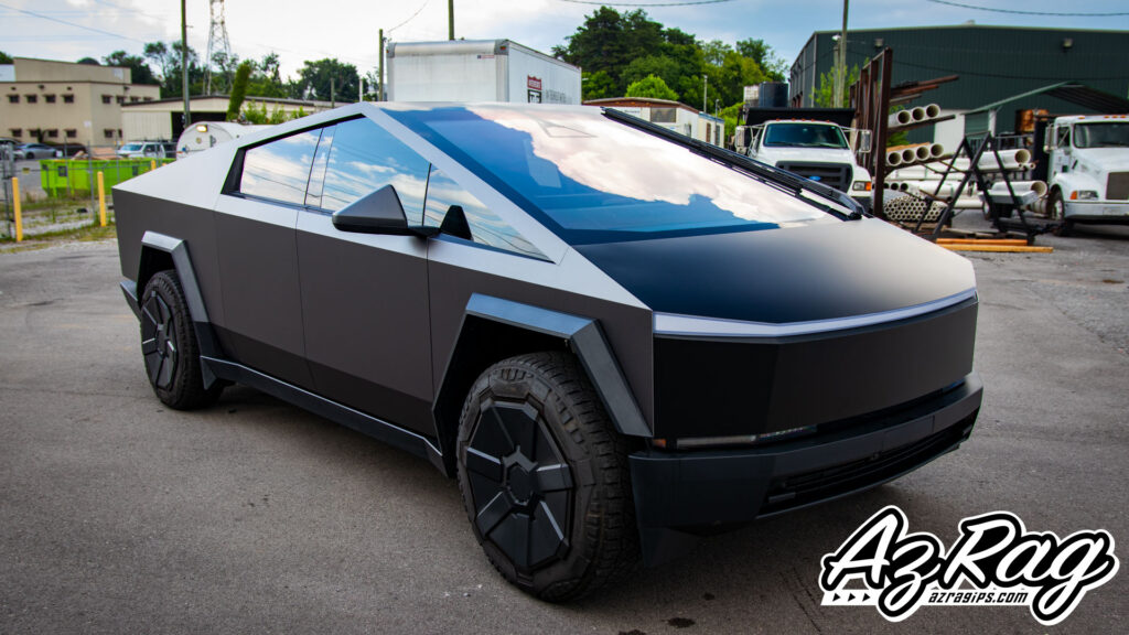 Tesla Cybertruck 3M satin dark grey color change wrap satin black hood PPF Knoxville TN AZRagIPS
