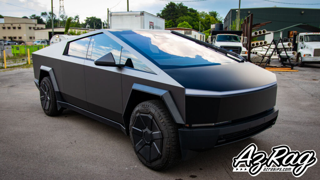 Tesla Cybertruck 3M satin dark grey color change wrap satin black hood PPF Knoxville TN AZRagIPS