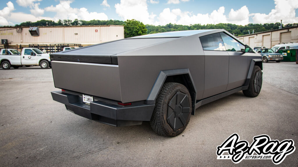 Tesla Cybertruck 3M satin dark grey color change wrap satin black hood PPF Knoxville TN AZRagIPS