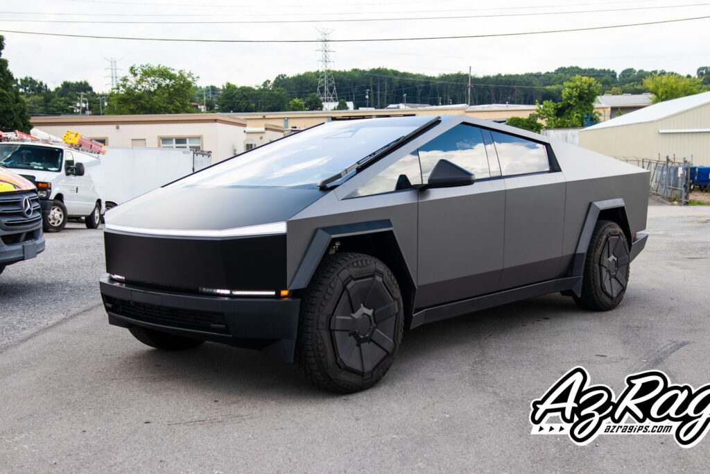 Tesla Cybertruck 3M satin dark grey color change wrap satin black hood PPF Knoxville TN AZRagIPS