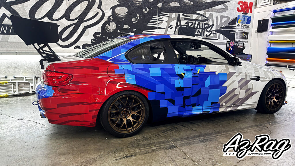 BMW M3 race car livery red blue white digital block print Knoxville TN