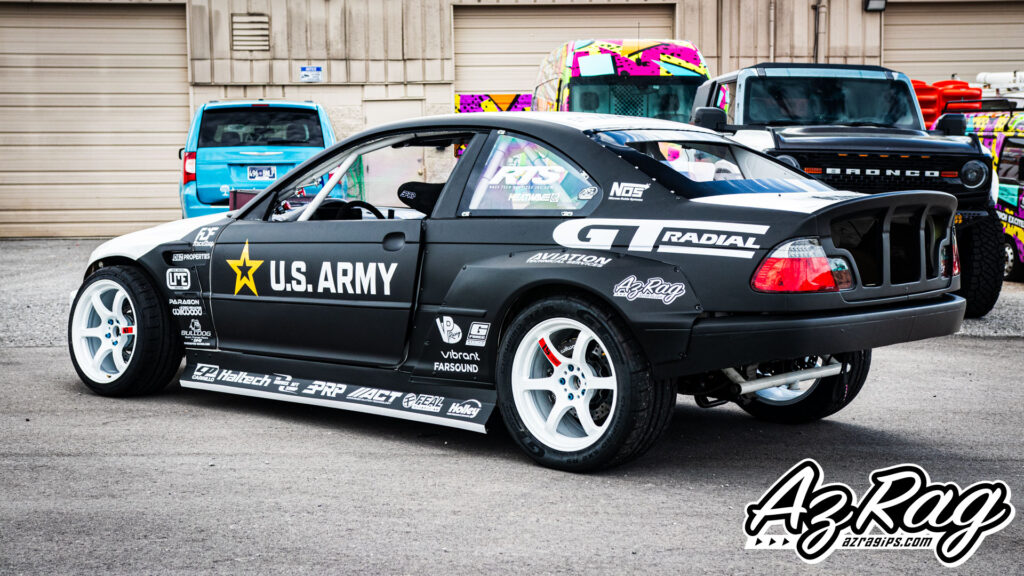 Formula Drift competition livery BMW E46 Connor O'Sully US Army Knoxville TN